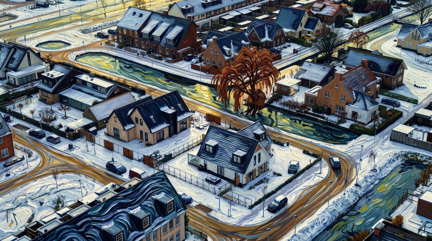 Painting of a snowy neighborhood in the style of Van Gogh